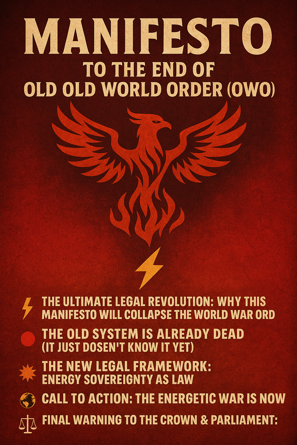 Manifesto to The End of The Old World Order (OWO)